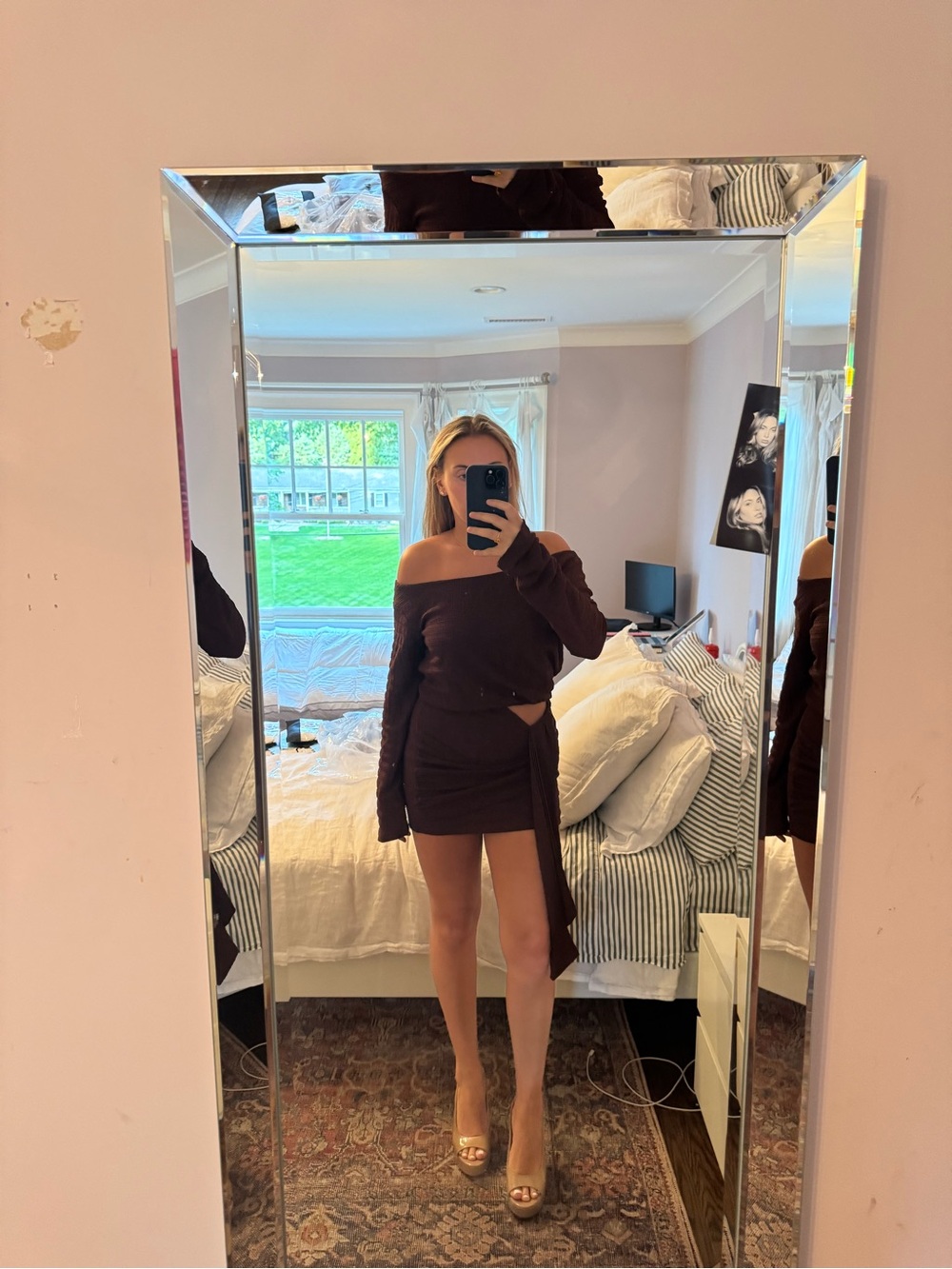 Off-Shoulder Mini Dress in Deep Brown with Draped Tie